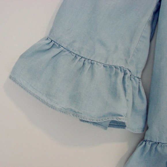 Ruffled Chambray Blouse Top Light Blue Boho Peasant Off Shoulder Size Small - Picture 9 of 14